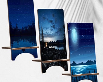 Night Wood Phone Stand, Evening Holder for iPhone 14 13 12 11 Pro Max, Samsung S23 S22 S21, Pixel 7A Pro 6A