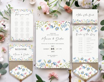 ミニマルなワイルドフラワーの結婚式招待状テンプレート バンドル、ユニークな Canva 結婚招待状スイート、結婚式プログラム、座席表、日付の保存