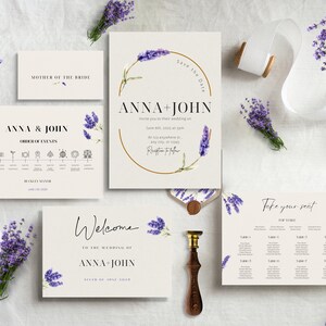 May include: A set of wedding stationery featuring a lavender theme. The cards include a save the date, order of events, welcome sign, and seating chart. All cards are white with black text and lavender floral illustrations.