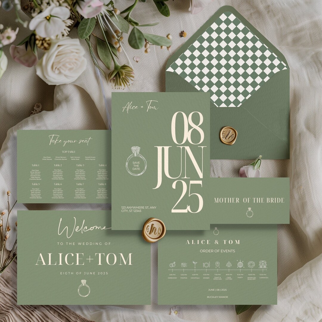 Minimal Sage Green Wedding Invitation Template Bundle, Unique Canva ...