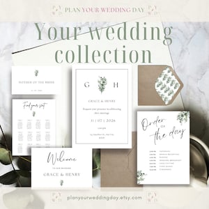 ユーカリの結婚式招待状バンドル テンプレート セット、ユニークな Canva 結婚招待状、結婚式プログラム、印刷可能な座席表、日付の保存