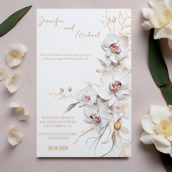 Modèle d’invitation de mariage, modèle d’invitation modifiable, carte d’invitation, moderne imprimable, modèle numérique d’orchidées blanches, minimal