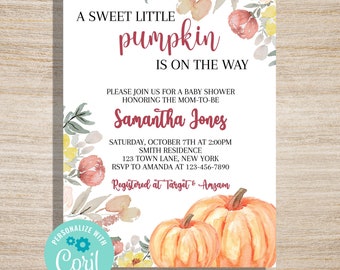 Könnte beinhalten: Eine Babyparty-Einladung mit Aquarell-Kürbissen und floralen Akzenten. Der Text lautet "A Sweet Little Pumpkin is on the Way" und enthält den Namen Samantha Jones, Datum, Uhrzeit und RSVP-Informationen.