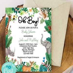 EDITABLE Jungle Baby Shower Invitation Boy, Safari Baby Shower