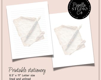Printable Stationery lined paper | Printable Writing Paper with Vintage paper and pen | Letter Writing Paper | Personalized notepad
