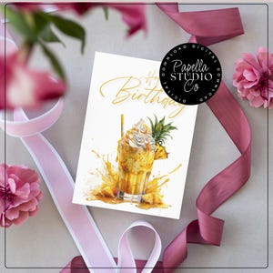 Cartão de Aniversário | Download DIGITAL | Cartão de Aniversário para Imprimir com Milkshake de Abacaxi | Cartão para Imprimir