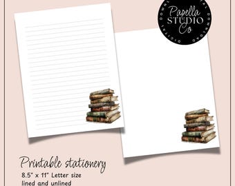 Printable Stationery lined paper | Printable Writing Paper with Vintage Books | Letter Writing Paper | Personalized notepad