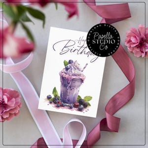 Cartão de Aniversário | Download DIGITAL | Cartão de Aniversário para Imprimir com Milkshake de Mirtilo | Cartão para Imprimir