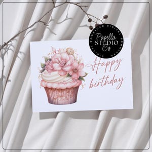Carte de joyeux anniversaire | Téléchargement NUMÉRIQUE | d'anniversaire imprimable avec un petit gâteau rose | Carte imprimable
