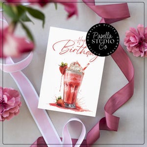 Cartão de Aniversário | Download DIGITAL | Cartão de Aniversário para Imprimir com Milkshake de Morango | Cartão para Imprimir