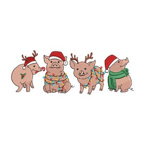 May include: Four pig illustrations wearing Santa hats and reindeer antlers. The pigs are decorated with Christmas lights and one is holding a candy cane.