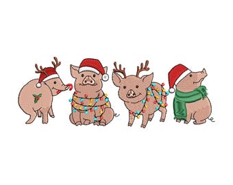 May include: Four pig illustrations wearing Santa hats and reindeer antlers. The pigs are decorated with Christmas lights and one is holding a candy cane.