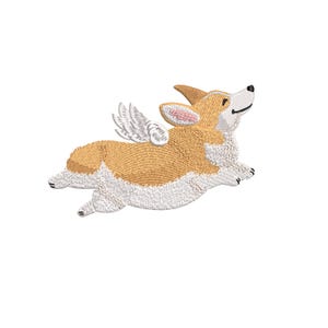 May include: A cartoon illustration of a brown and white corgi dog with white wings flying in the air. The corgi has a happy expression on its face.