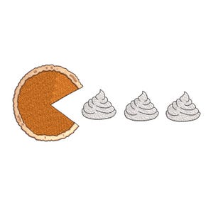 May include: A brown pumpkin pie with a slice missing, and three dollops of white whipped cream.