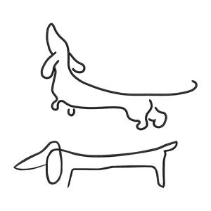 May include: Line drawing of two dachshunds, one standing and one lying down. Both dogs are drawn in a simple, minimalist style.