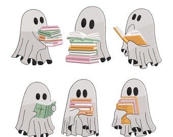 Ghost Reading Embroidery 6 Design, Teacher Halloween, Librarian Embroidery Machine, Book Lover, Reading,Spooky Fall