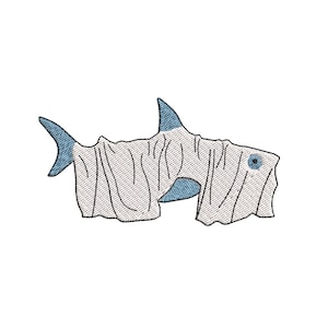 May include: An embroidered design of a shark in a ghost costume. The shark has blue fins and a blue eye. The ghost costume is white with vertical lines.
