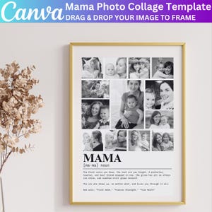 K&ouml;nnte beinhalten: Schwarzwei&szlig;-Fotocollage in einem goldenen Rahmen mit dem Wort "MAMA" und einer Definition des Wortes. Die Definition lautet: "Die erste Stimme, die du h&ouml;rst, die letzte, die du vergisst. Eine Besch&uuml;tzerin, Lehrerin und beste Freundin in einem. Sie gibt alles, damit andere gl&auml;nzen k&ouml;nnen, und strahlt trotzdem selbst. Diejenige, die immer da ist, egal was passiert, und dich durch alles liebt. Siehe auch: "Erstes Zuhause", "Ewige St&auml;rke", "Wahrer Norden."