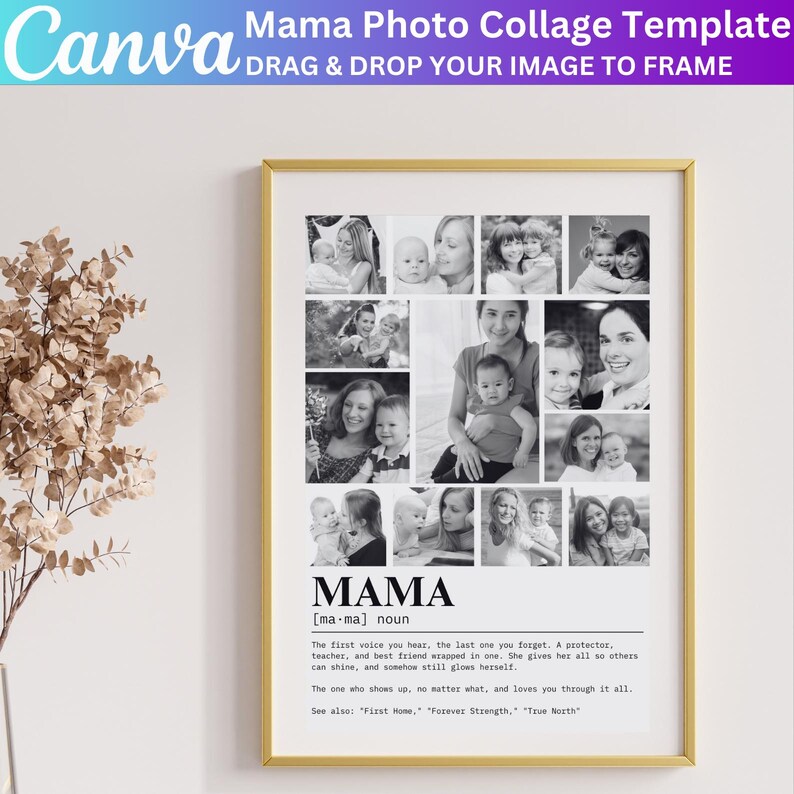 K&ouml;nnte beinhalten: Schwarzwei&szlig;-Fotocollage in einem goldenen Rahmen mit dem Wort "MAMA" und einer Definition des Wortes. Die Definition lautet: "Die erste Stimme, die du h&ouml;rst, die letzte, die du vergisst. Eine Besch&uuml;tzerin, Lehrerin und beste Freundin in einem. Sie gibt alles, damit andere gl&auml;nzen k&ouml;nnen, und strahlt trotzdem selbst. Diejenige, die immer da ist, egal was passiert, und dich durch alles liebt. Siehe auch: "Erstes Zuhause", "Ewige St&auml;rke", "Wahrer Norden."