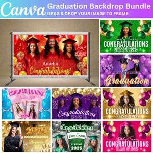 May include: A graduation backdrop bundle with multiple designs. One design features three graduates in red gowns with the text "Congratulations!" and "Class of 2025." Other designs include graduates with balloons and the text "Congratulations" and "Graduation."