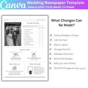 May include: A black and white wedding newspaper template from Canva. The template includes sections for "He Said, She Said", guest awards, and sharing photos. The template is easily editable and allows for text and layout adjustments.