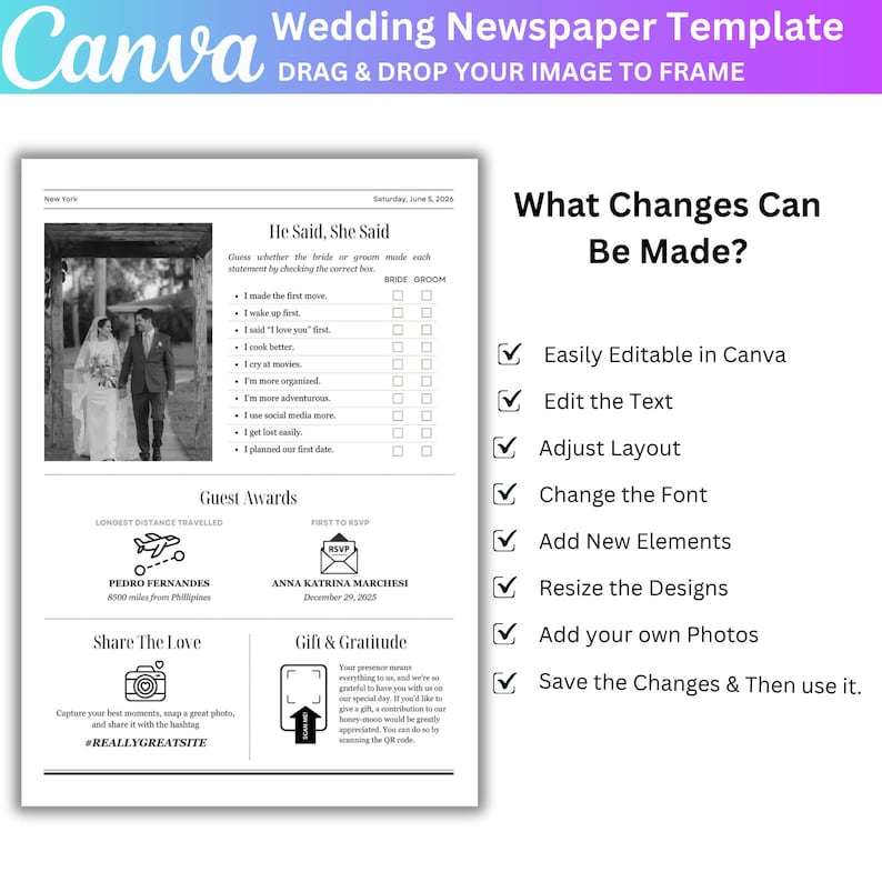 May include: A black and white wedding newspaper template from Canva. The template includes sections for "He Said, She Said", guest awards, and sharing photos. The template is easily editable and allows for text and layout adjustments.