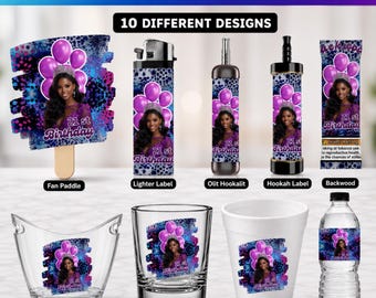 Adult birthday Party Favor Bundle, Purple Birthday Party Designs, Lighter Backwood Styrofoam Cup Shot Glass Party Bucket Cigar Custom Label
