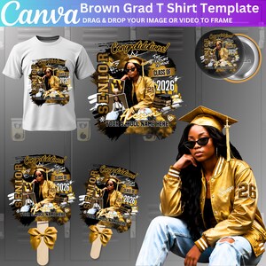 May include: A white t-shirt, a gold jacket, and various graduation-themed items are displayed. The shirt and jacket feature a photo of a person wearing sunglasses and a graduation cap. Text includes "SENIOR", "CLASS OF 2026", and "Congratulations!"