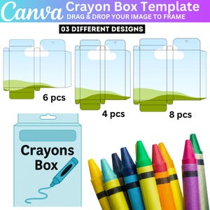 May include: A crayon box template design with the text "Crayon Box Template" and "03 DIFFERENT DESIGNS". The image shows three different box designs, labeled for 6, 4, and 8 crayons, along with a crayon box graphic and a set of colourful crayons.