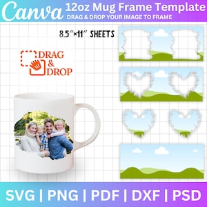 写真マグCanvaフレームバンドル、写真SVG PNG付き12オンスマグラップ8セット、マグ昇華デザイン、カスタム写真マグCanvaフレーム、Canva編集可能