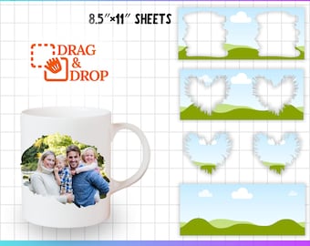 Könnte beinhalten: Eine weiße 12-Unzen-Tasse mit einem Foto einer vierköpfigen Familie in einer grünen Landschaft. Die Tasse ist Teil einer Vorlage zum Erstellen von individuellen Tassen mit einer Drag-and-Drop-Funktion. Die Vorlage enthält verschiedene Rahmen-Designs mit einem Hintergrund aus blauem Himmel und grünen Hügeln.