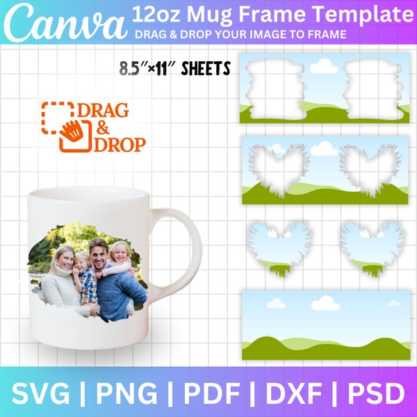 Photo Mug Canva Frame Bundle, 8 Set 12 oz Mug Wrap with photo Svg Png, Mug Sublimation Designs, Custom Photo Mug Canva Frame, Canva Editable