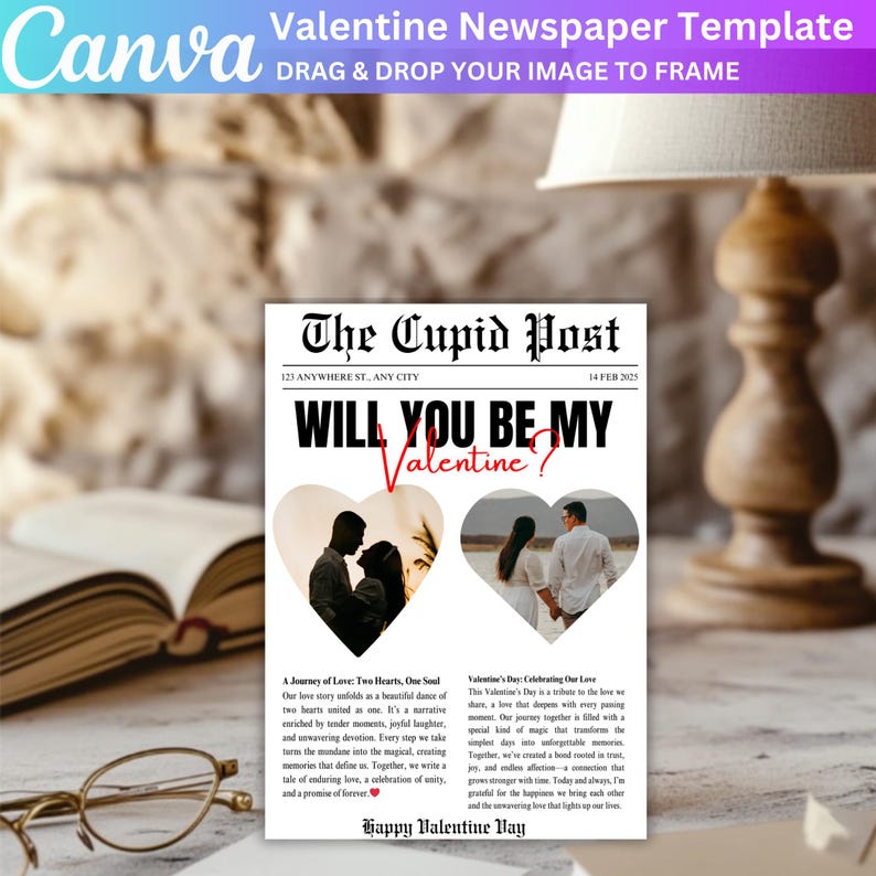 Pode incluir: Um modelo de jornal para o Dia dos Namorados com um cora&ccedil;&atilde;o vermelho e o texto "Quer ser meu Valentine?" O modelo tem dois espa&ccedil;os para fotos com casais. O texto "Feliz Dia dos Namorados" est&aacute; na parte inferior do modelo.