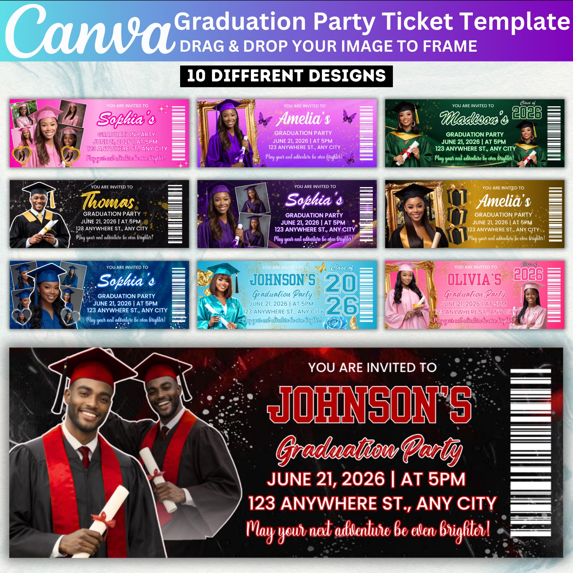 Professional Grad Tickets 10 Graduation Party Ticket Template Bundle, Editable Canva Graduation ...