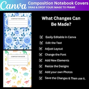 May include: Two composition notebook covers. One features blue floral patterns, the other has a dinosaur theme. The Canva logo is at the top left. Text on the right lists editable features: text, layout, font, elements, designs, photos.