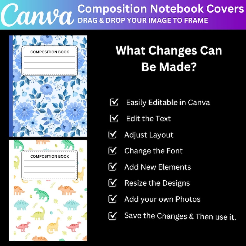 May include: Two composition notebook covers. One features blue floral patterns, the other has a dinosaur theme. The Canva logo is at the top left. Text on the right lists editable features: text, layout, font, elements, designs, photos.