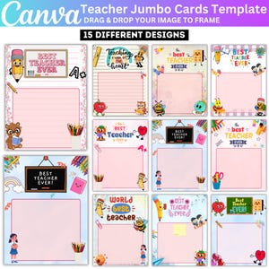 May include: A Canva template for teacher jumbo cards with 15 different designs. Each card features a pink background with various illustrations, including pencils, apples, and the text "Best Teacher Ever!"