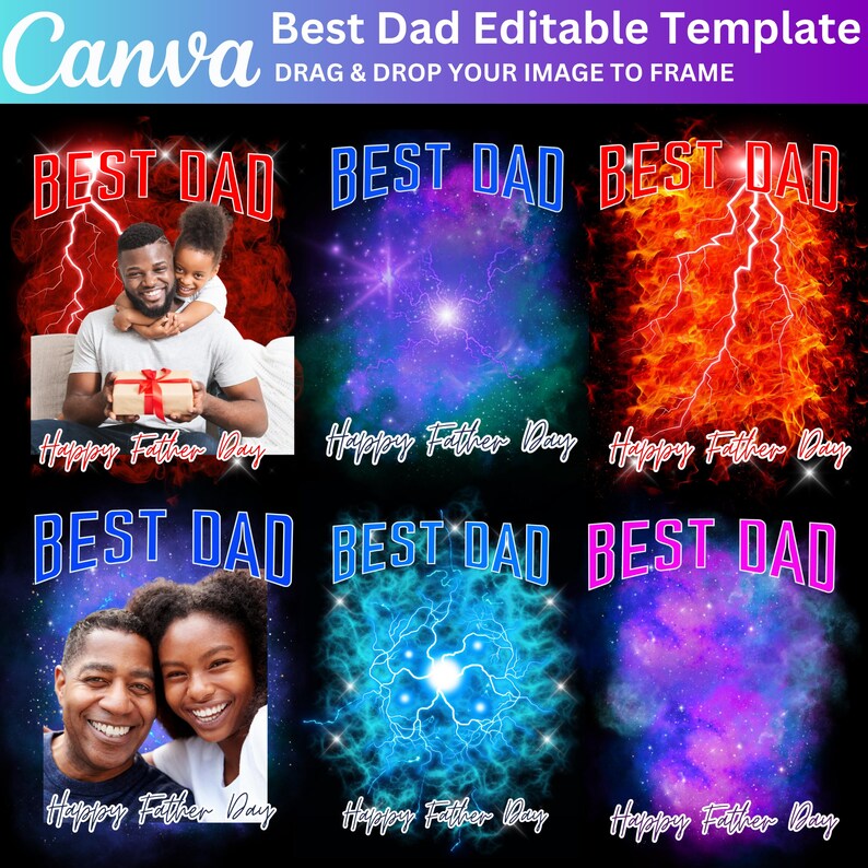 K&ouml;nnte beinhalten: Eine digitale Vorlage mit dem Text "Best Dad" in verschiedenen Farben und Stilen, darunter "Happy Father's Day". Die Vorlage enth&auml;lt Bilder eines Vaters und Kindes sowie abstrakte Designs.