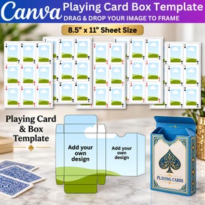 May include: A digital Canva playing card box template on an 8.5 inch by 11 inch sheet. The image displays multiple playing card layouts, a flat box template with the text Add your own design, and a blue and gold assembled playing card box.