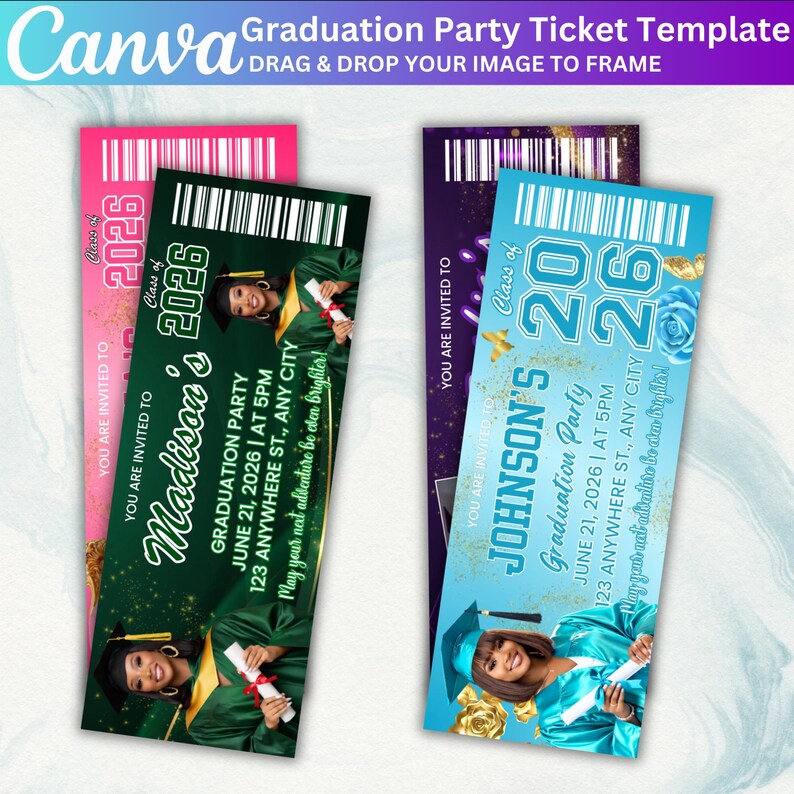 10 Graduation Party Ticket Template Bundle, Editable Canva Graduation ...