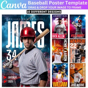 May include: Baseball poster template with 10 different designs. The main image features a baseball player in a red helmet and gray uniform holding a bat. The text reads "PHILADELPHIA PHILLIES" and "CATCHERS 2025". Other designs include baseball players.