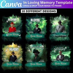 May include: A Canva template for memorial designs, featuring "In Loving Memory" text. The image showcases 10 different designs with space for a photo and name, set against a green and white background with a sunset theme.
