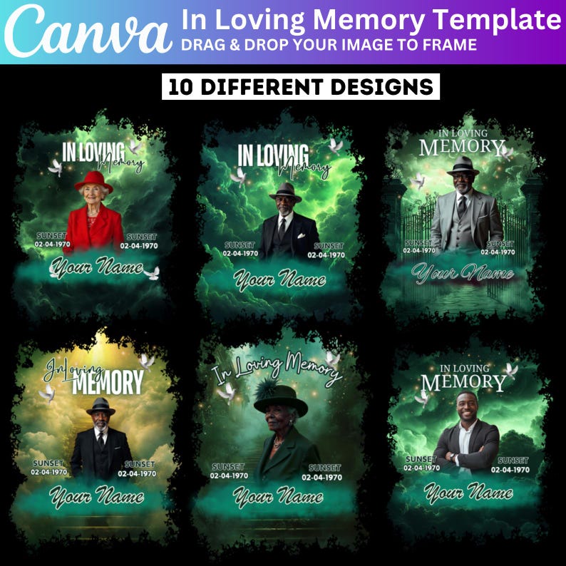 10 in Loving Memory Canva Editable Template, Green Heaven Background ...