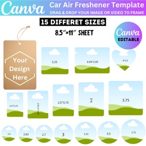 Lot de modèles de désodorisant pour voiture, désodorisant sur toile modifiable, désodorisant en feuille 8,5 x 11 po, modèle de sublimation de désodorisant pour voiture