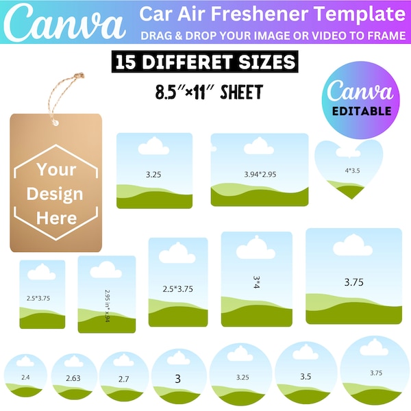 Paquete de plantillas de ambientador de coche, Canva de ambientador editable, hoja de ambientador de 8,5"x11", plantilla de sublimación de ambientador de coche