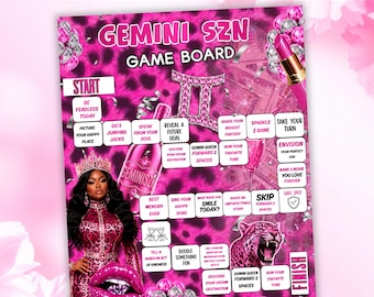 Juego de mesa de cumpleaños Gemini SZN, juego de cumpleaños con estampado de guepardo editable en Canva, actividad de cumpleaños astrológica, tablero para beber Gemini SZN, digital