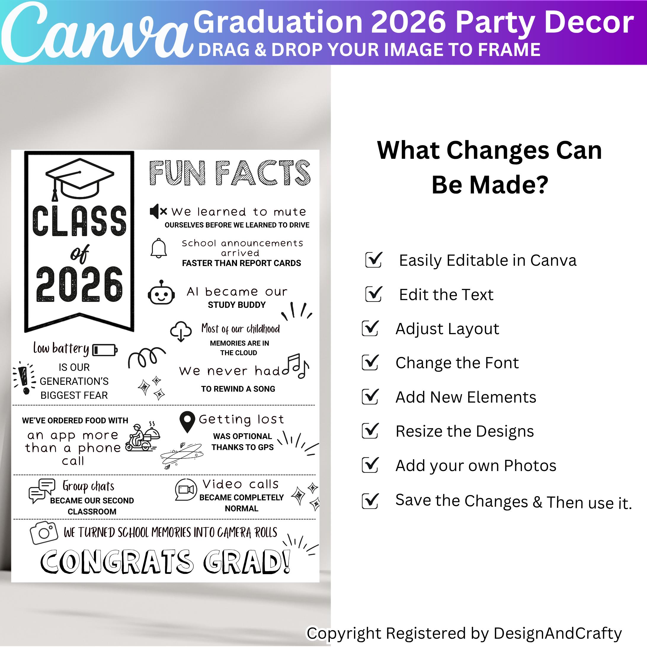 Fun Data. Sign Graduation 2026 Fun Facts Sign Template, Editable Canva Graduation ...