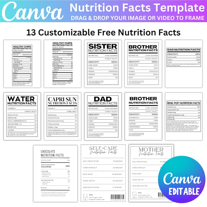 Puede incluir: Un conjunto de 13 etiquetas de informaci&oacute;n nutricional imprimibles con varios temas, que incluyen miembros de la familia, alimentos y autocuidado. Las etiquetas est&aacute;n dise&ntilde;adas para parecerse a las etiquetas de informaci&oacute;n nutricional tradicionales, con categor&iacute;as como "Creatividad", "Trabajo en casa", "Amigos" y "Sue&ntilde;o".