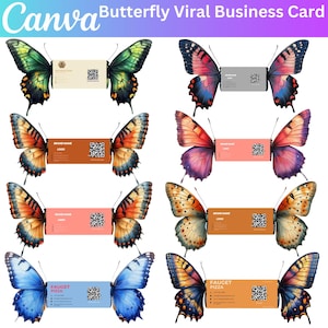 Może przedstawiać: Kolekcja wizyt&oacute;wek z motywem motyla. Każda karta przedstawia kolorowy motyl z wizyt&oacute;wką pośrodku. Tekst "Canva Butterfly Viral Business Card" znajduje się na g&oacute;rze.