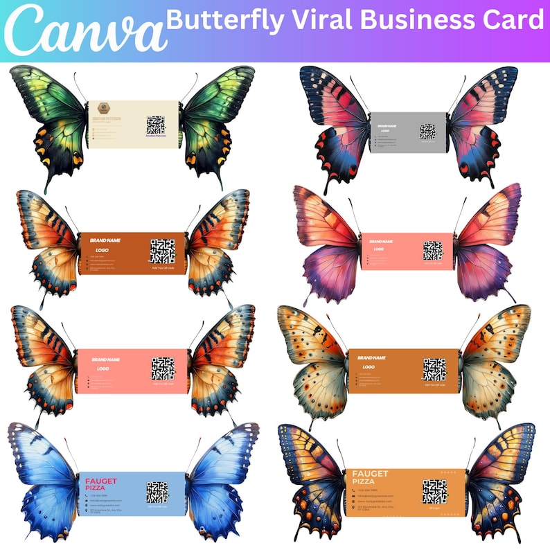 Może przedstawiać: Kolekcja wizyt&oacute;wek z motywem motyla. Każda karta przedstawia kolorowy motyl z wizyt&oacute;wką pośrodku. Tekst "Canva Butterfly Viral Business Card" znajduje się na g&oacute;rze.